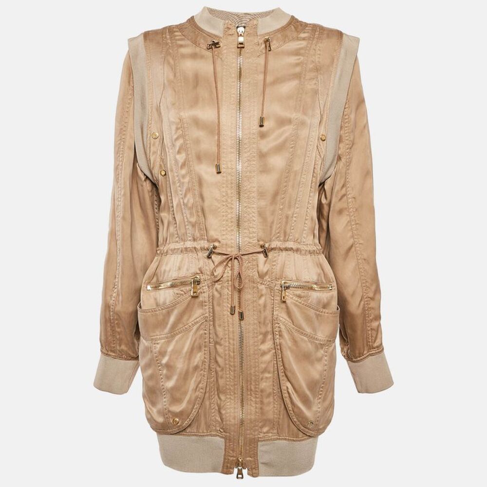 Balmain Beige Gabardine Long Zip-Up Jacket S